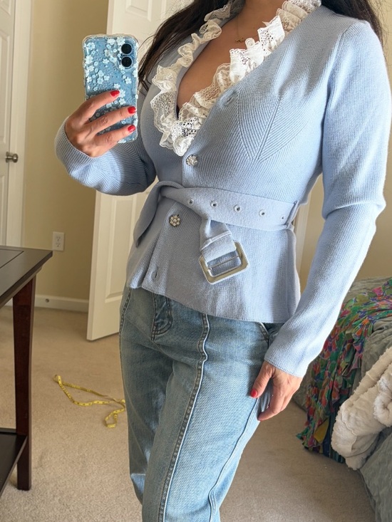 Commense Sweaters - COMMENSE CASHMERE CARDIGAN KNIT LACE SWEATER BELT BLING RHINESTONE BUTTON S